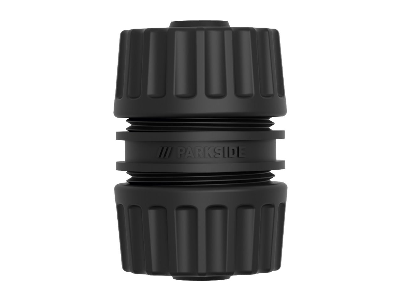 Black hose connector with ribbed ends and a central band with embossed text.
