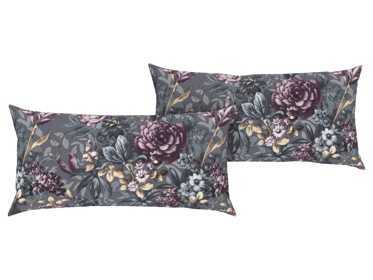 Two floral patterned pillows with dark purple, grey, and gold flowers.