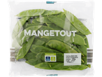 A clear plastic bag of fresh mangetout, labeled with variety, origin, weight, and storage instructions.