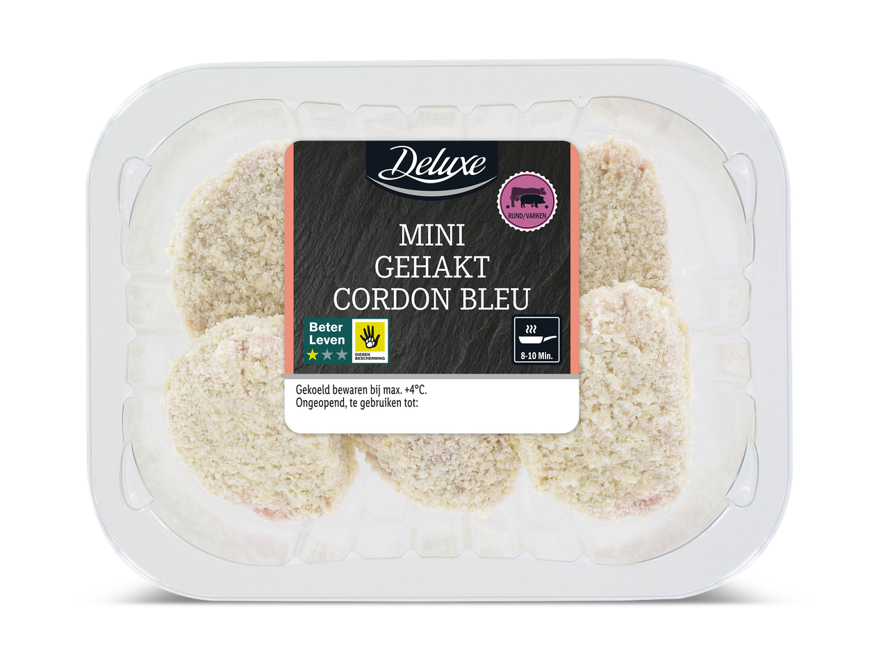 Verpakking met mini gehakt cordon bleu, met bereidingsinstructies en bewaaradvies.