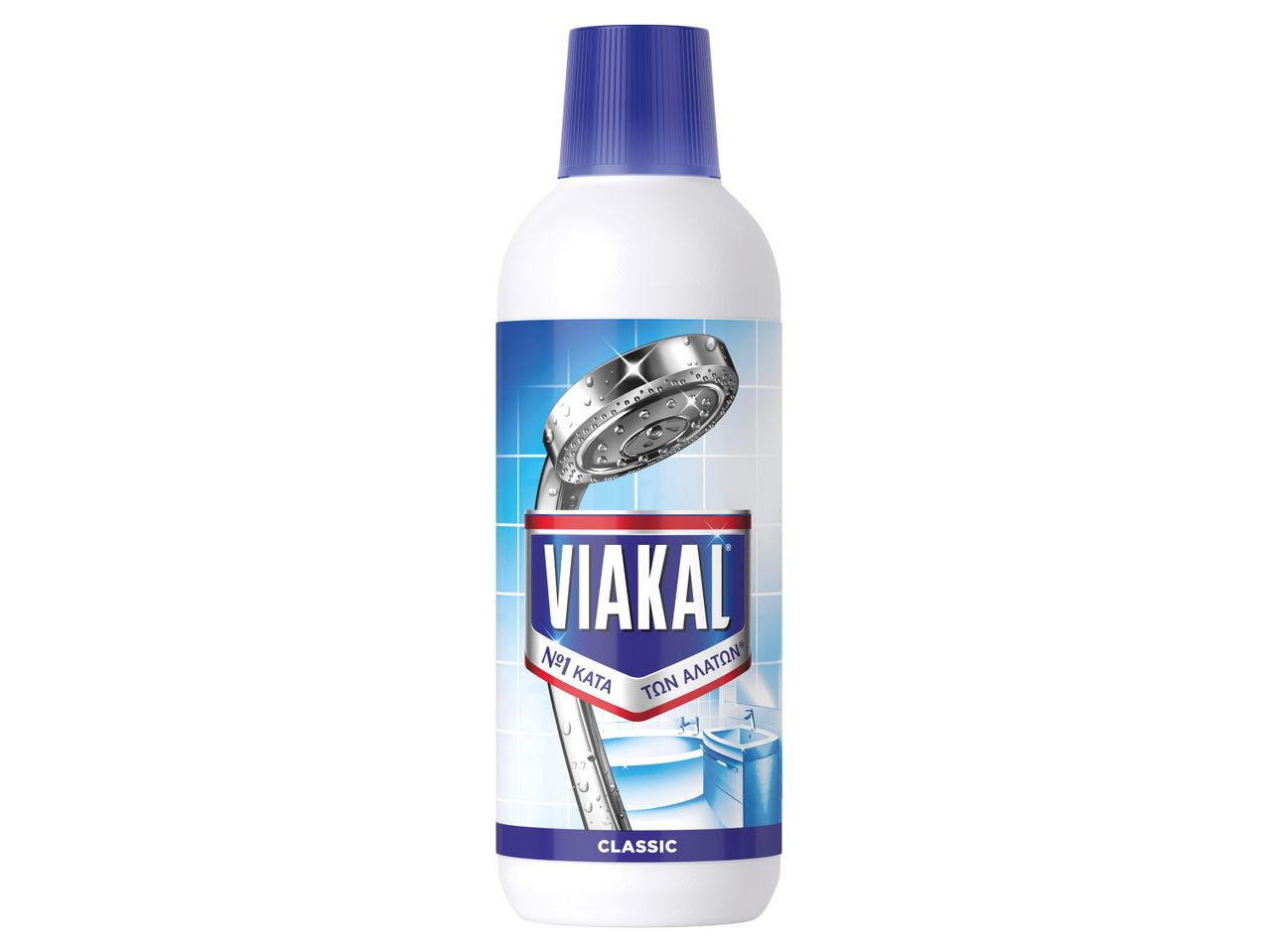 Μπουκάλι Viakal Classic καθαριστικό αλάτων με εικόνα ντους και μπάνιου.