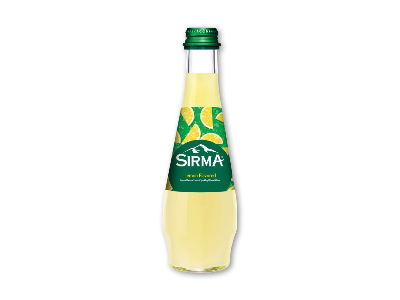 En flaske citronaromatiseret mineralvand med en grøn etiket og citronskiver.