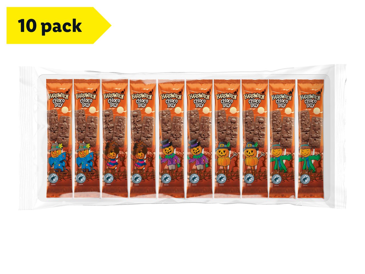 A 10-pack of Halloween chocolate lollies featuring pumpkin scarecrow designs.