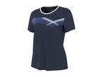 Navy blue women's sports t-shirt with a white and blue geometric pattern across the chest.
