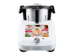 A white and black Monsieur Cuisine Smart food processor with a screen displaying recipes.