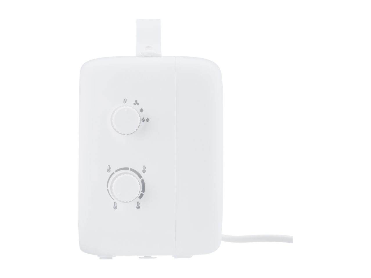 Front view of a white fan heater with control knobs