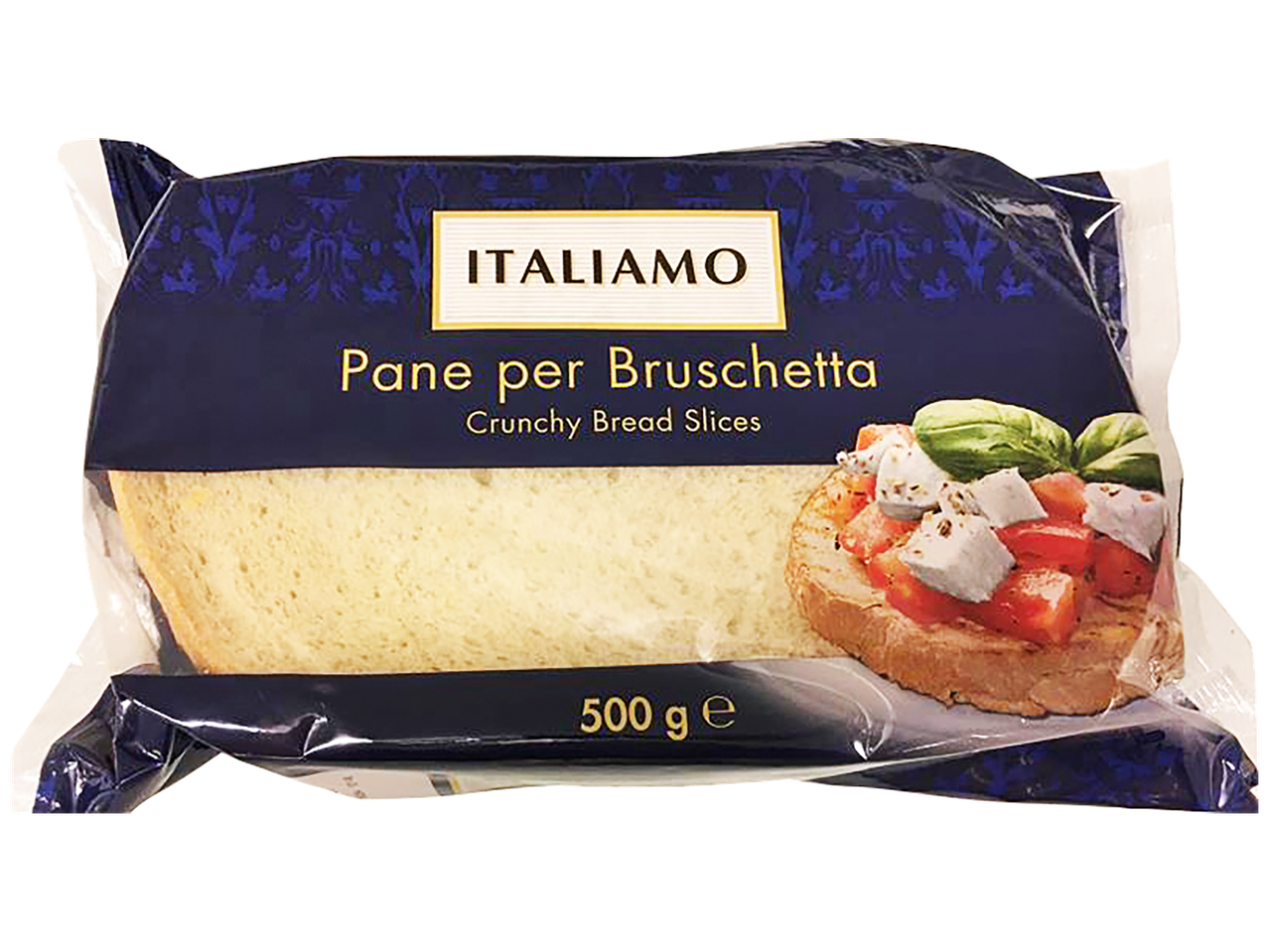 Paquet de tranches de pain croustillantes pour bruschetta, 500g, avec une bruschetta garnie de tomates et de fromage.