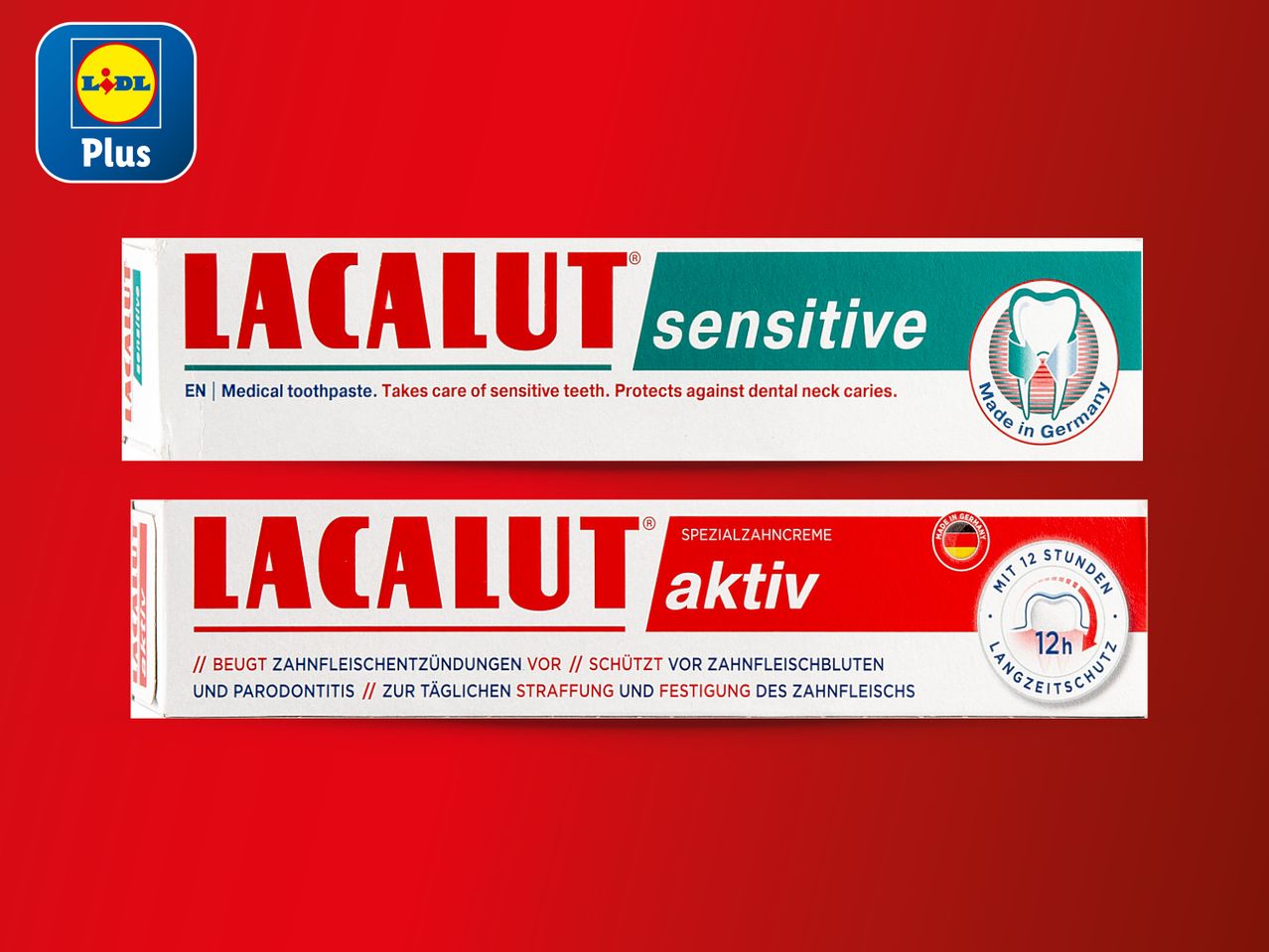 Dvije tube paste za zube Lacalut: Sensitive i aktiv.