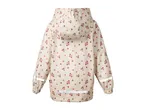 Back of a cream-colored children's rain jacket with pink floral print and reflective strips.