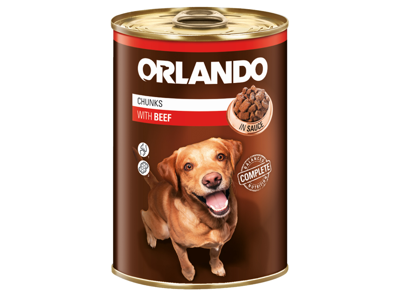Boîte de nourriture pour chien Orlando avec des morceaux de bœuf en sauce, et un Labrador joyeux.
