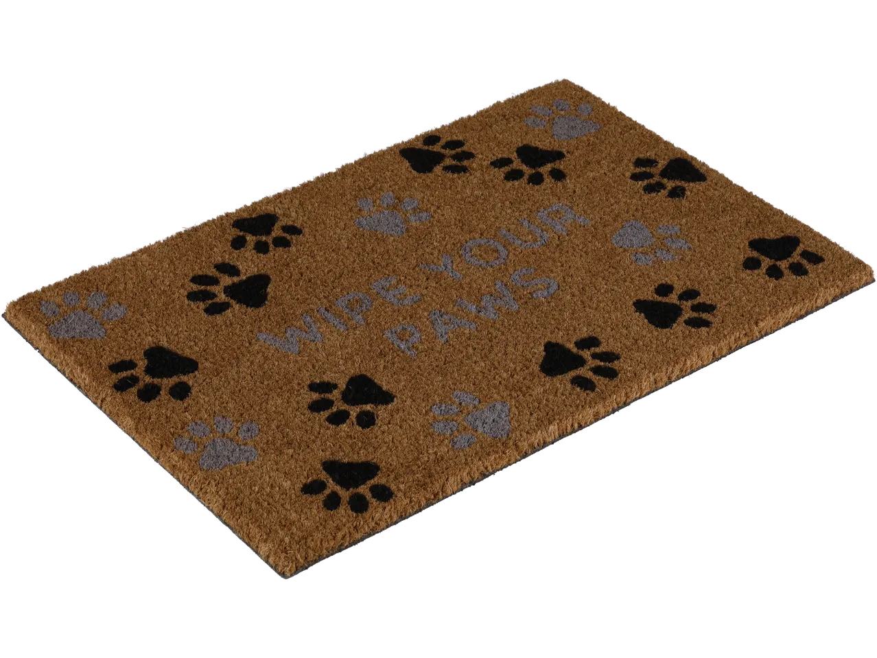 Covoraș de uşă cu textul 'WIPE YOUR PAWS' și amprente de labe.