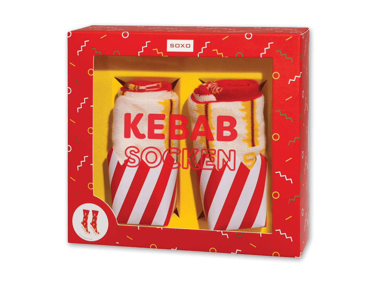 Soxo Kebab Socken Geschenkset in roter Verpackung mit 90er Jahre Design.