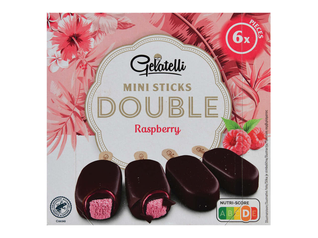 Embalagem de Gelatelli Mini Sticks Double Raspberry com 6 unidades.