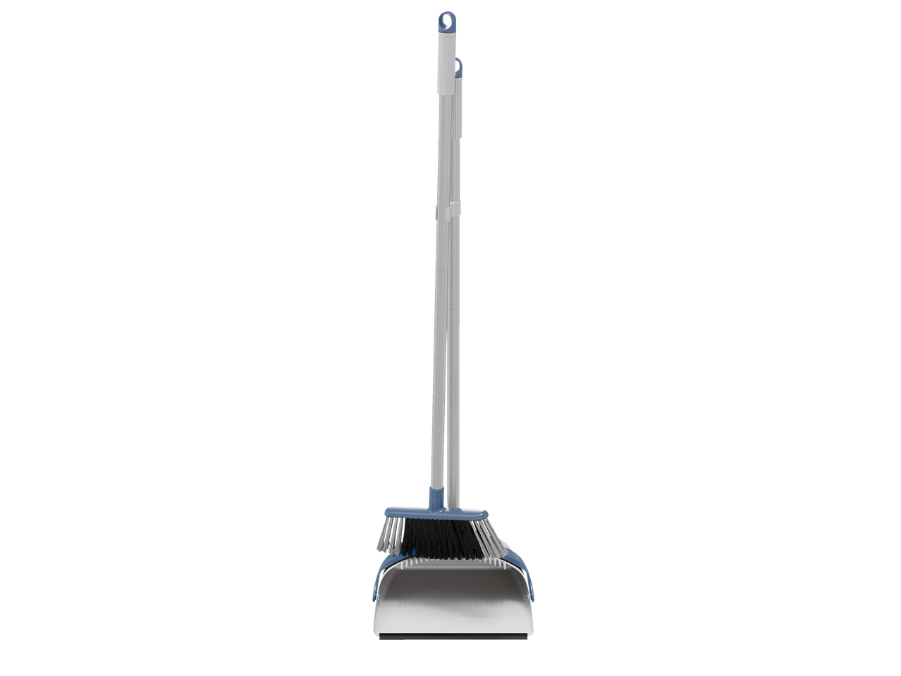 A broom and dustpan set with telescopic handles stands upright against a black background.