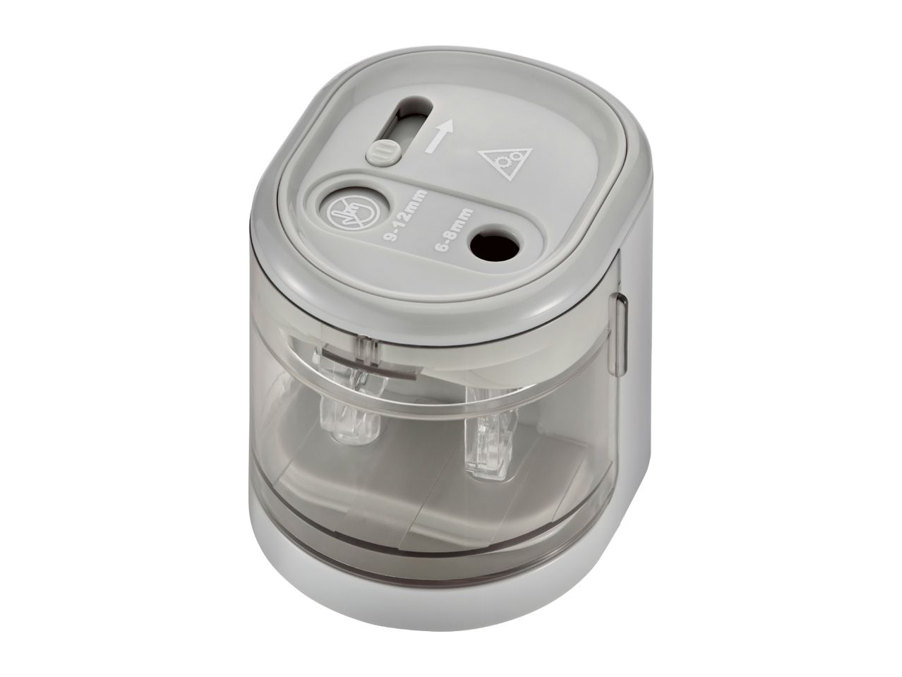 A grey and transparent double-hole pencil sharpener by Maped.