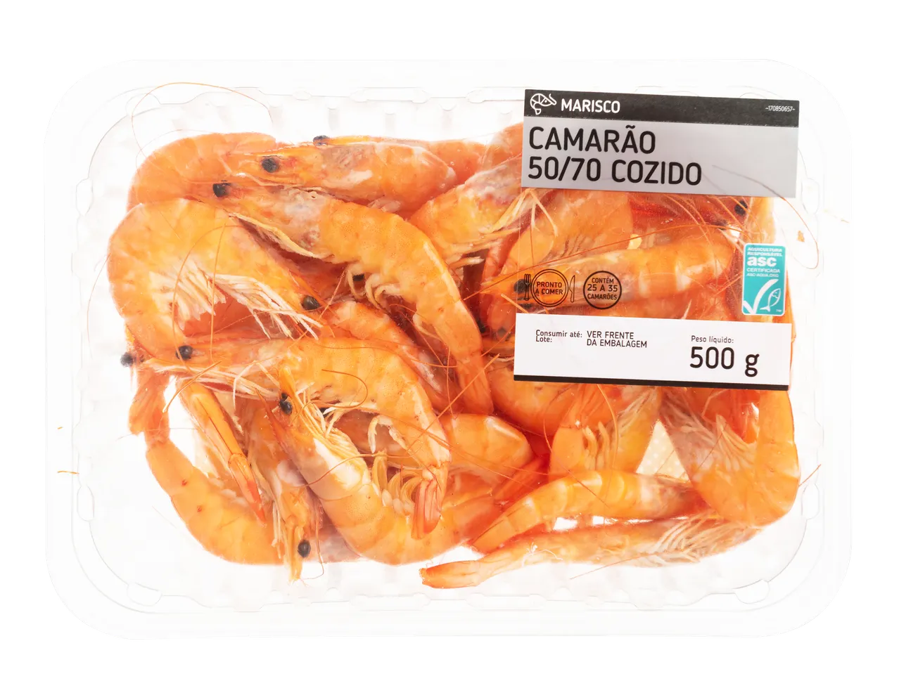 Camarão cozido (50/70) numa embalagem de plástico transparente, 500g.