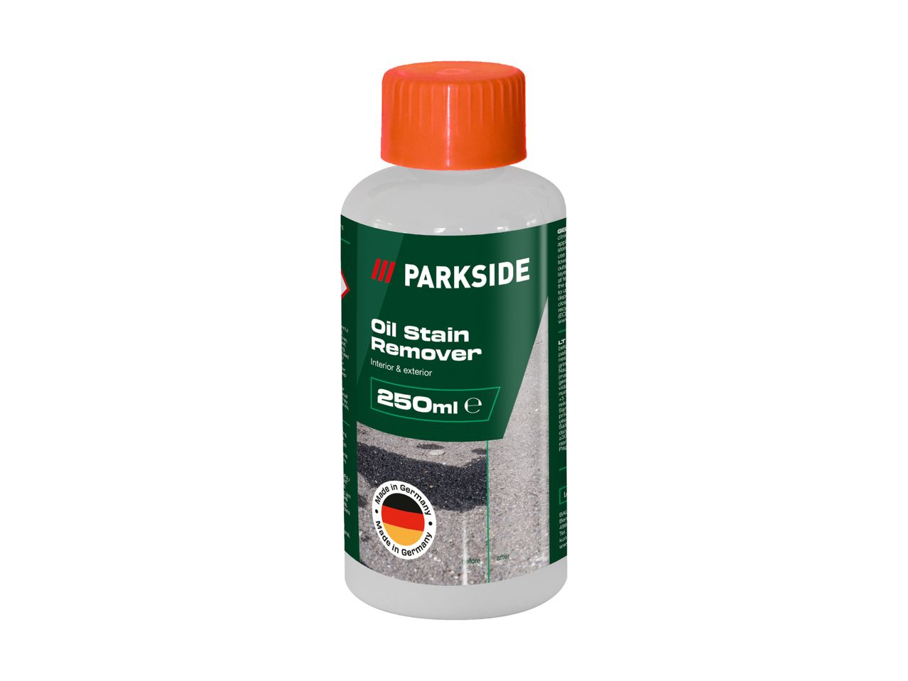 En flaske Parkside oliepletfjerner til indendørs og udendørs brug, 250 ml.