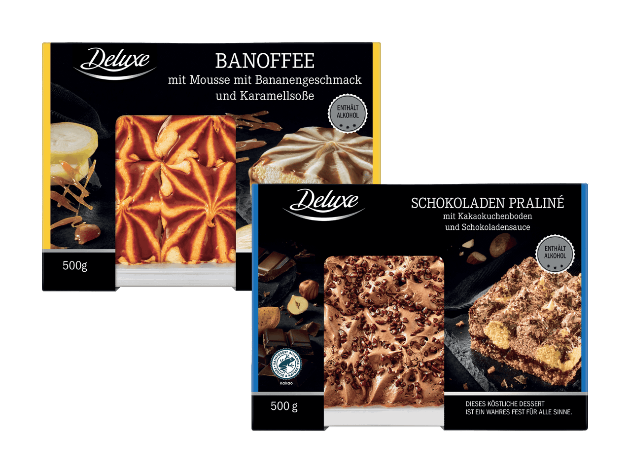 Deluxe Banoffee und Schokoladen Praliné Desserts, beide 500g und alkoholhaltig.