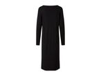 Black long-sleeved midi dress with a boat neck and white trim on the cuffs and hem.