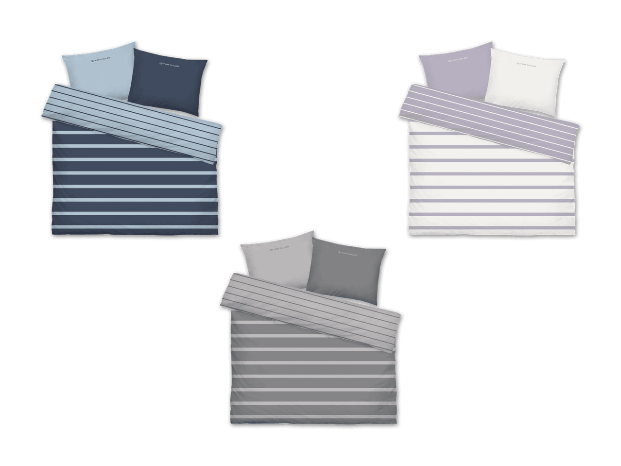 Drei Tom Tailor Bettwäsche-Sets in Blau, Lila und Grau mit Streifenmuster.