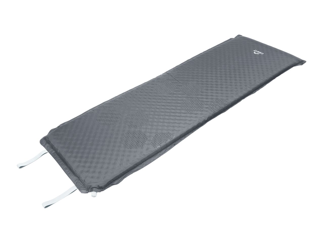 Grey self-inflating camping mat with a textured surface and white straps.