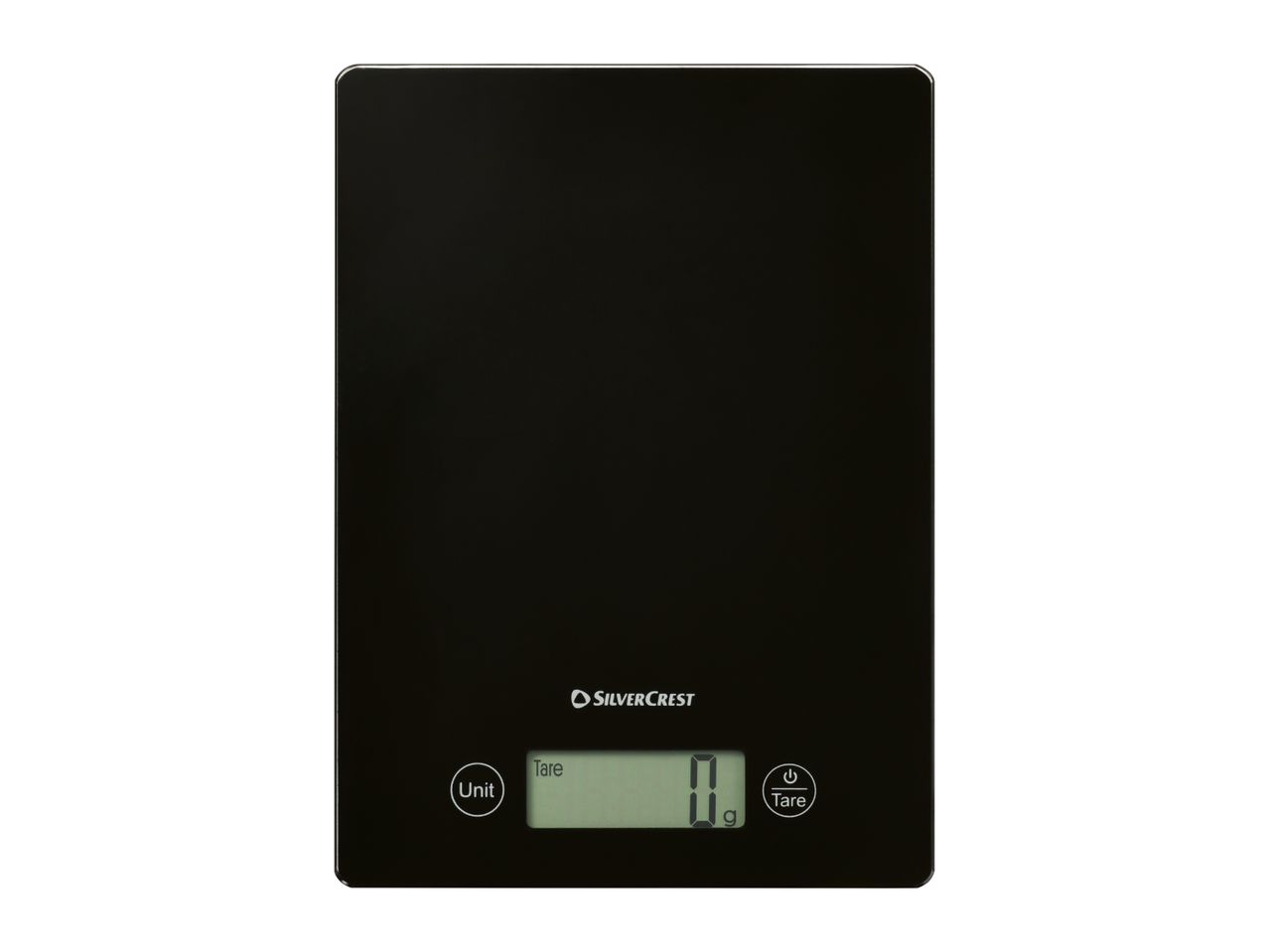 Black digital kitchen scale with a display showing '0 g' and 'Unit' and 'Tare' buttons.