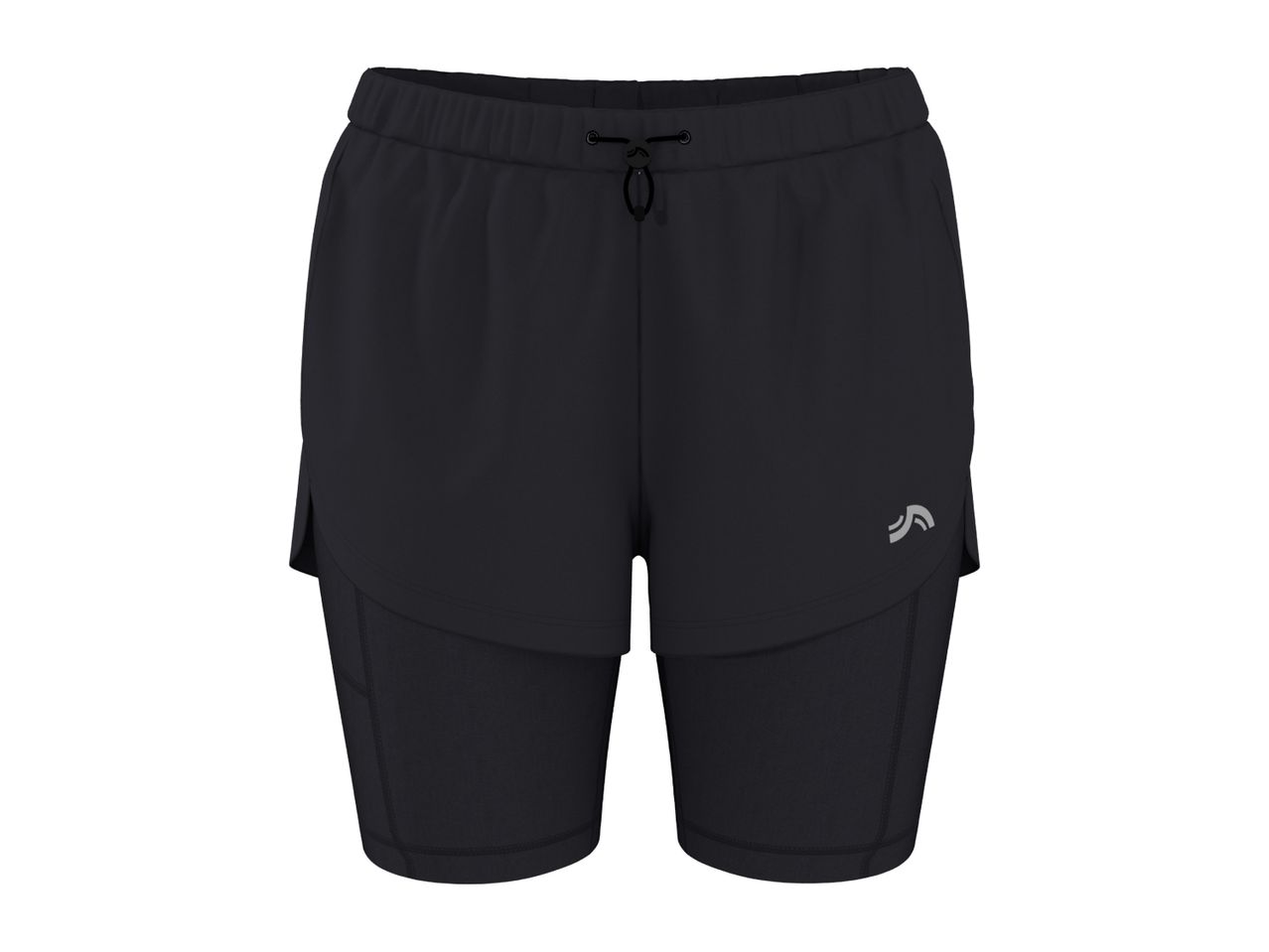 Black 2-in-1 running shorts with an elastic waistband and drawstring.