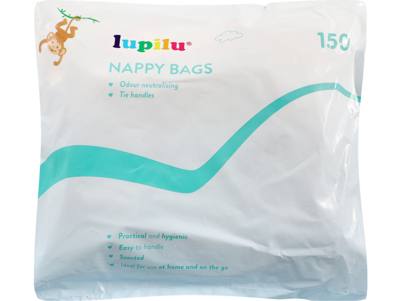 White bag of 150 nappy bags with a monkey illustration and text about odour neutralising, tie handles, and being practical, hygienic, scented, and ideal for home and on the go.