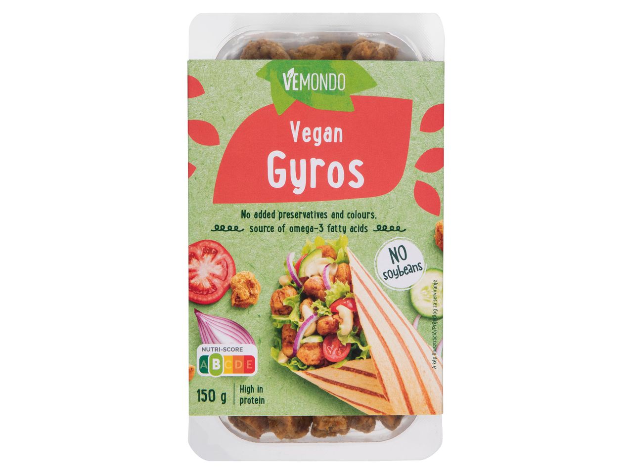 Vemondo vegán gyros, 150g-os kiszerelésben, Nutri-Score B minősítéssel.