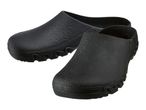 Pair of black slip-on clogs with textured surface and wavy soles.