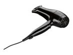 A black handheld hair dryer with a long cord.