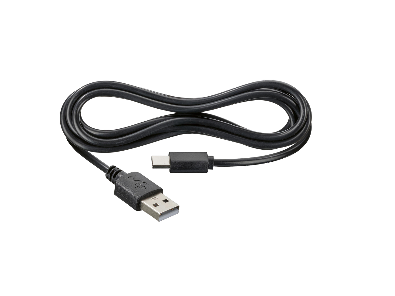 Fekete USB-A és USB-C kábel, feltekerve, fekete háttér előtt.