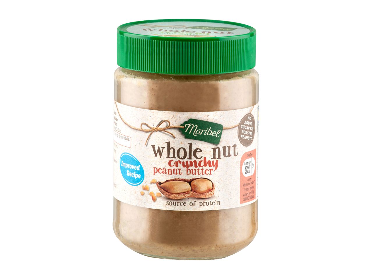 Maribel crunchy peanut butter: improved recipe, source of protein.