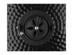 Close-up of a black, textured grill vent with a circular damper and screws.