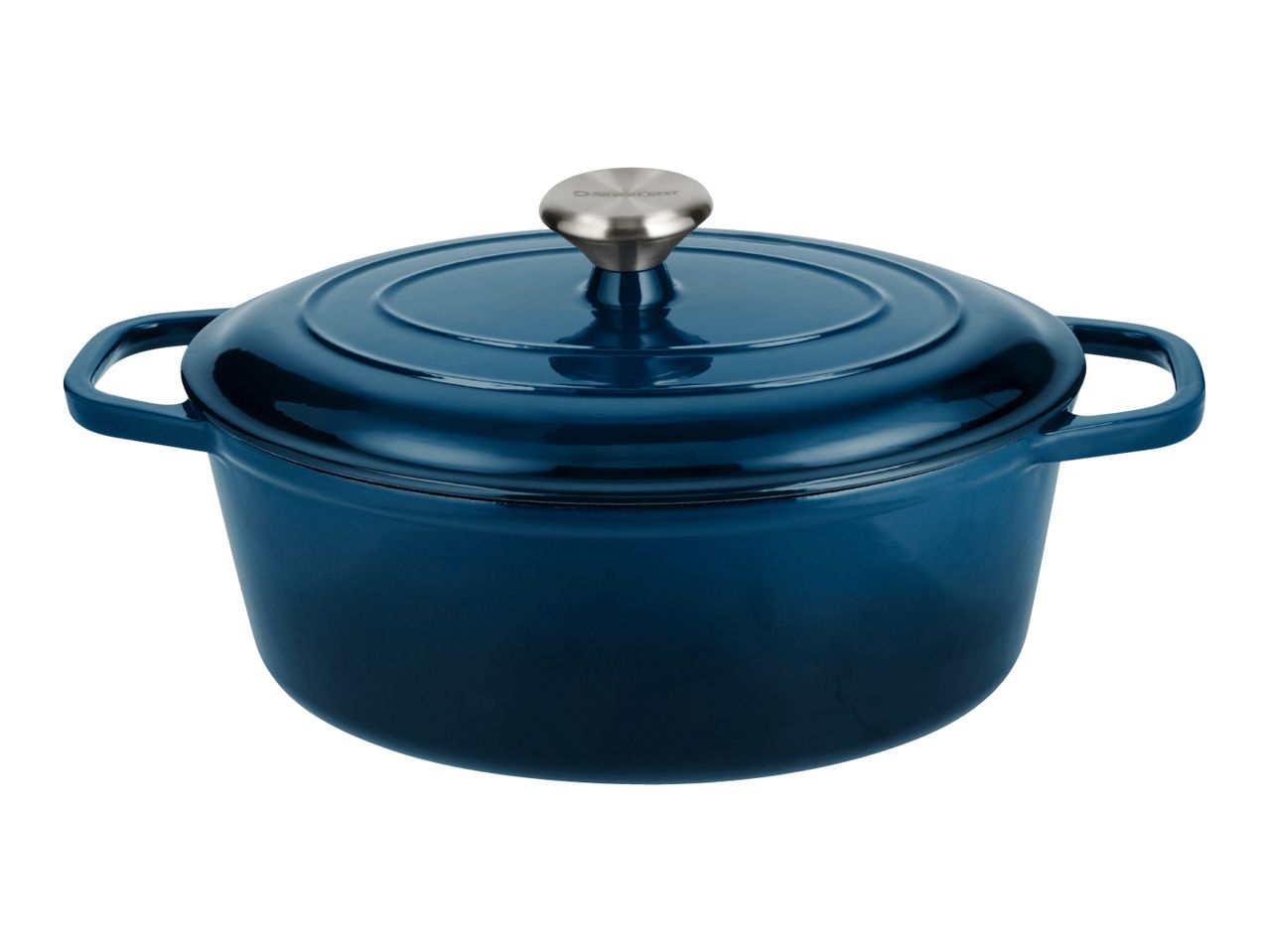 Blue enameled cast iron Dutch oven with lid and silver knob