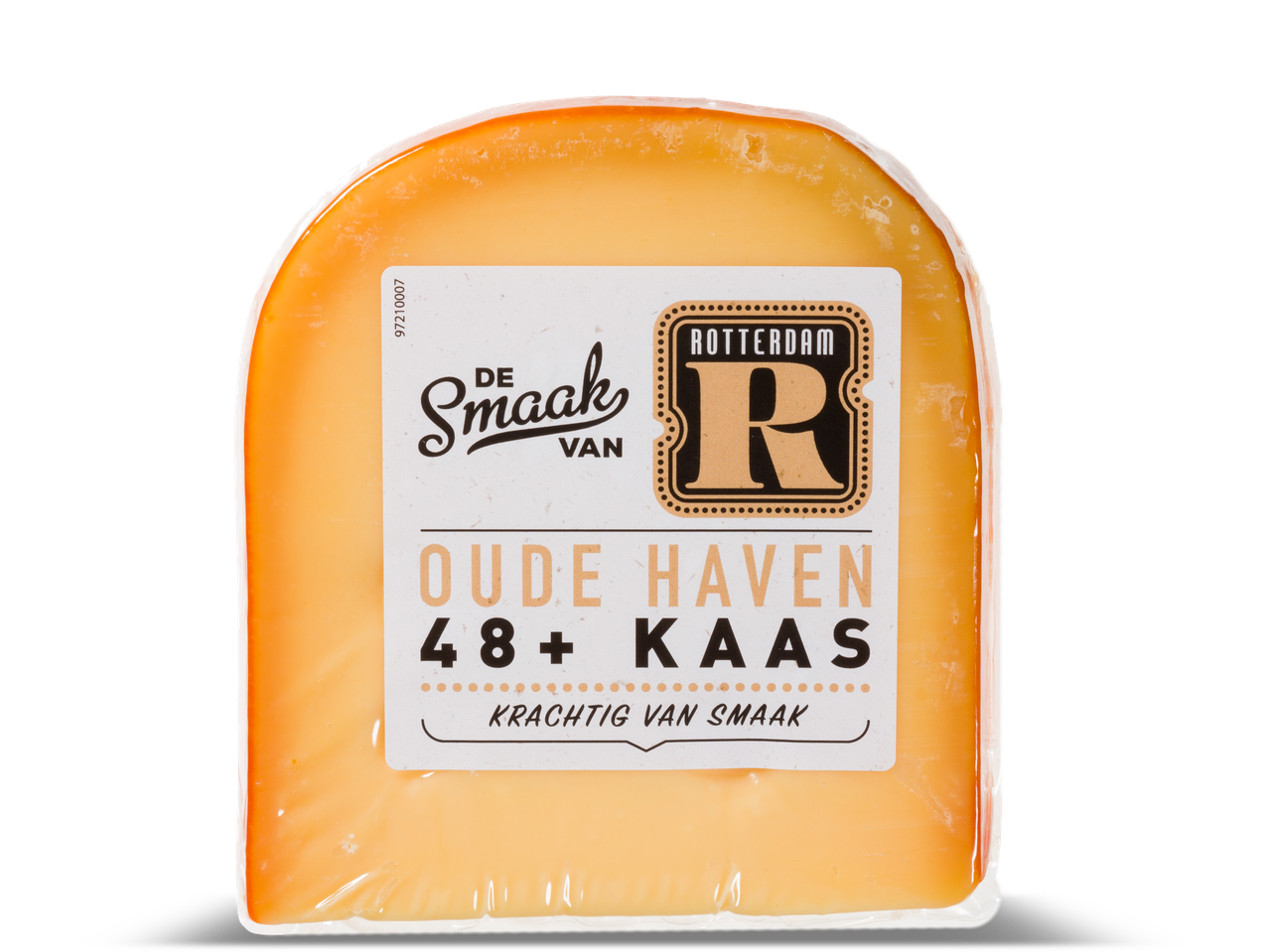 Een blok Oude Haven 48+ kaas met een etiket met 'De Smaak van Rotterdam'.