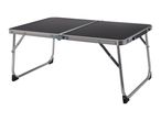Foldable camping table with a black top and silver aluminum frame.