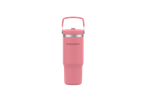A pink SilverCrest travel mug with a carrying handle.