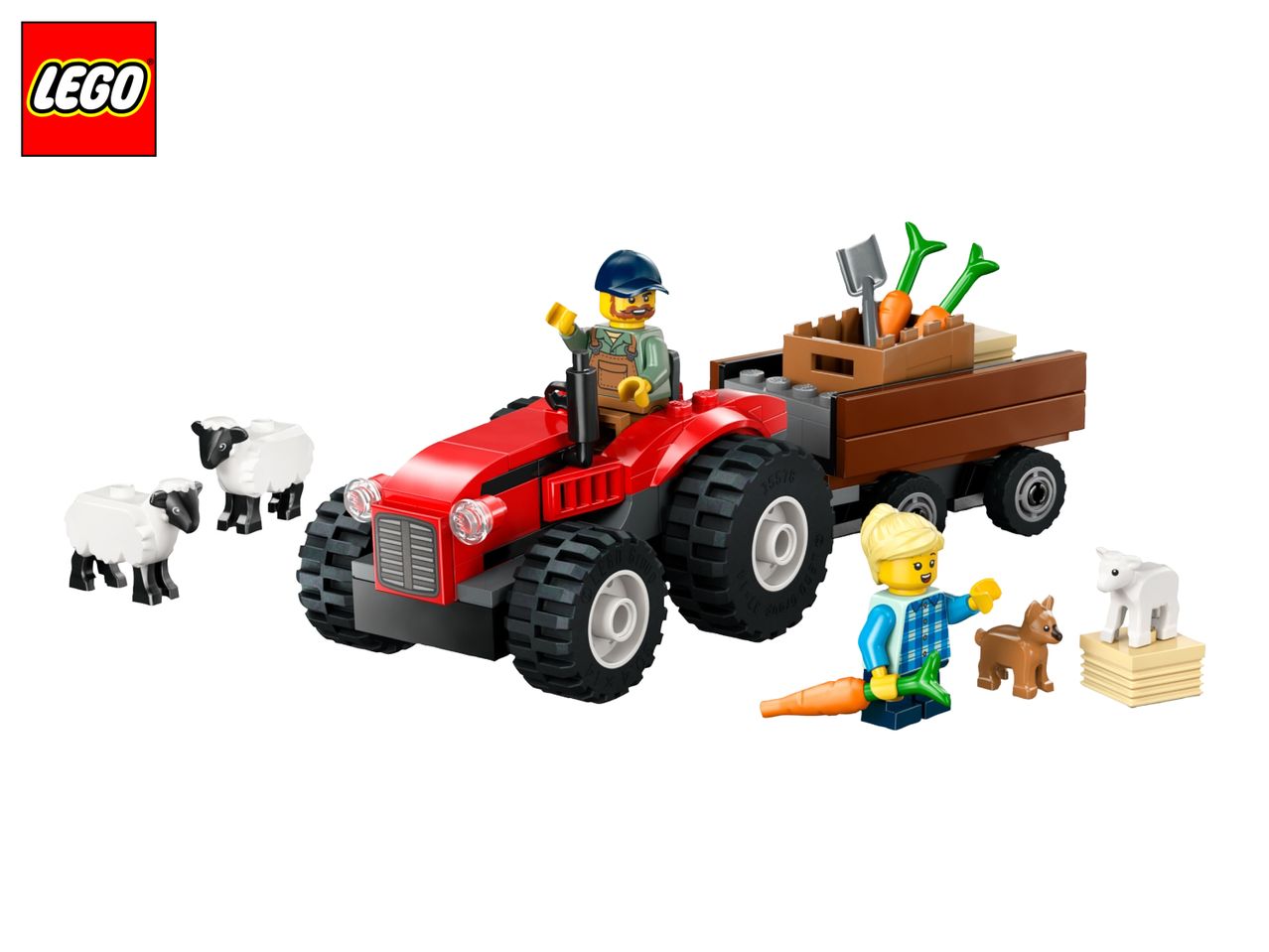 LEGO farm set with a red tractor, trailer, farmer, female minifigure, sheep, and dog.