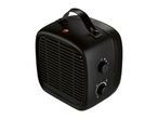 Compact black retro-style fan heater with a carrying handle and control knobs