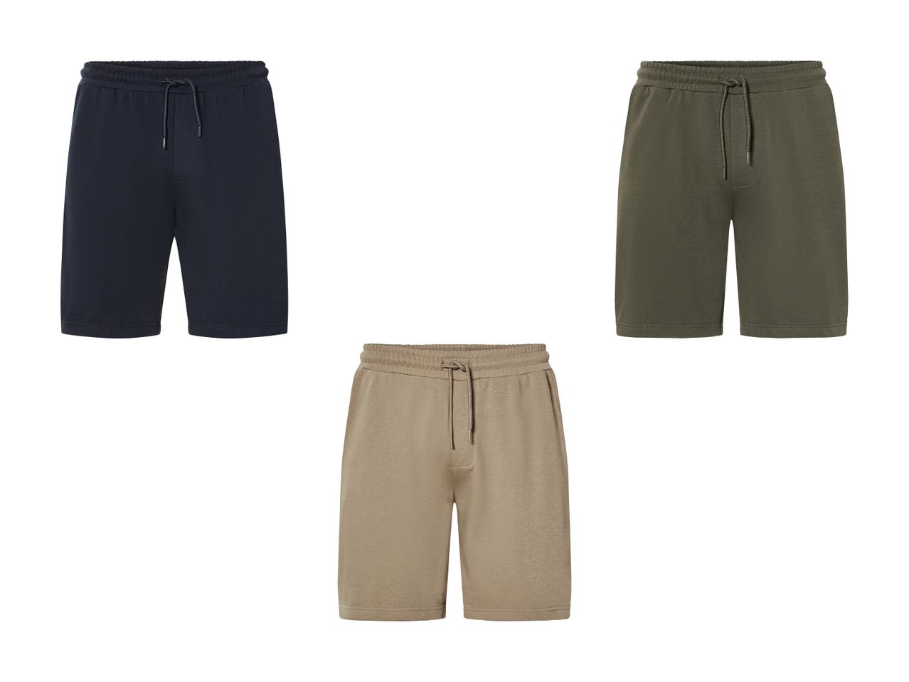 Tre par sweatshorts i navy, olivengrøn og beige.