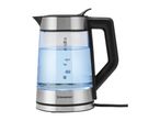 Glass kettle with blue illuminated water and a black handle, showing water level markings.