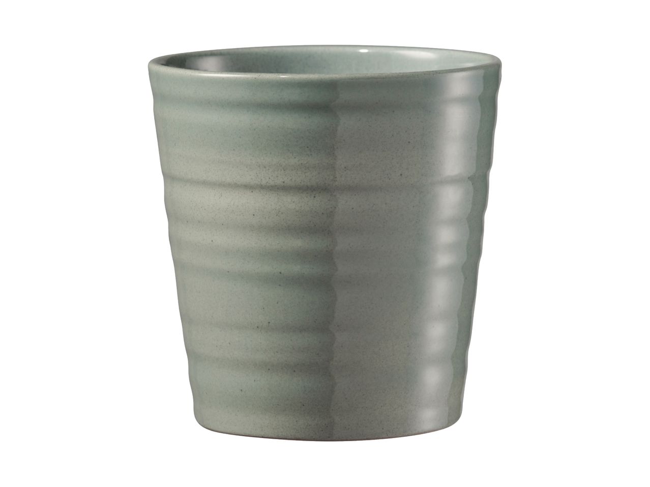 A light teal ceramic tumbler with subtle horizontal lines.