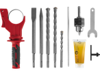 Um conjunto de ferramentas para martelo perfurador, incluindo brocas, cinzéis e um mandril.