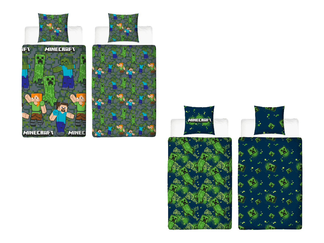 Minecraft-aiheiset vuodevaatteet, kaksi eri kuosia.