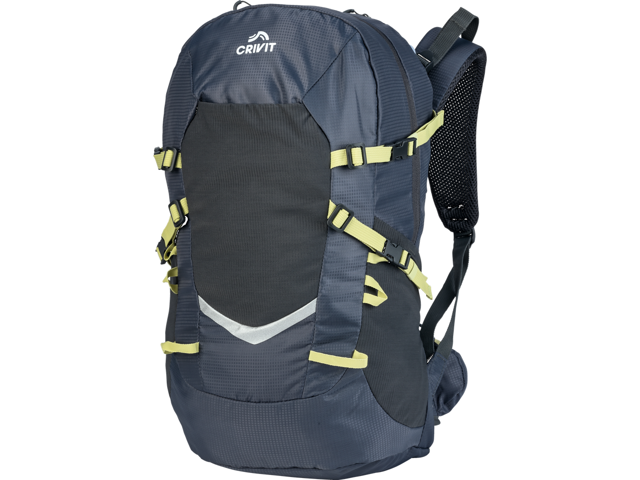 Tumši pelēks Crivit mugursoms ar dzeltenām detaļām.