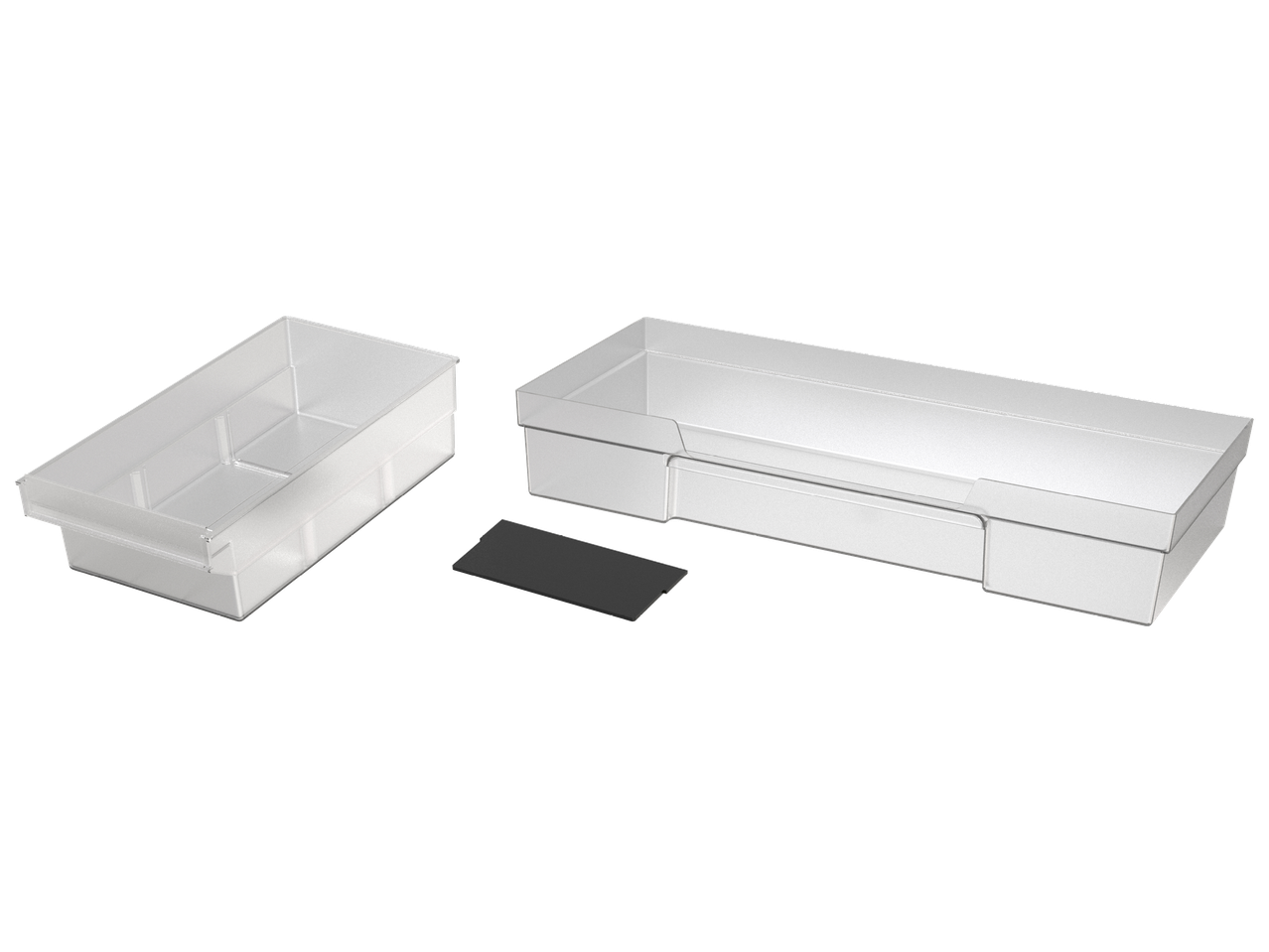 Две прозрачни пластмасови кутии за съхранение с черен разделител.