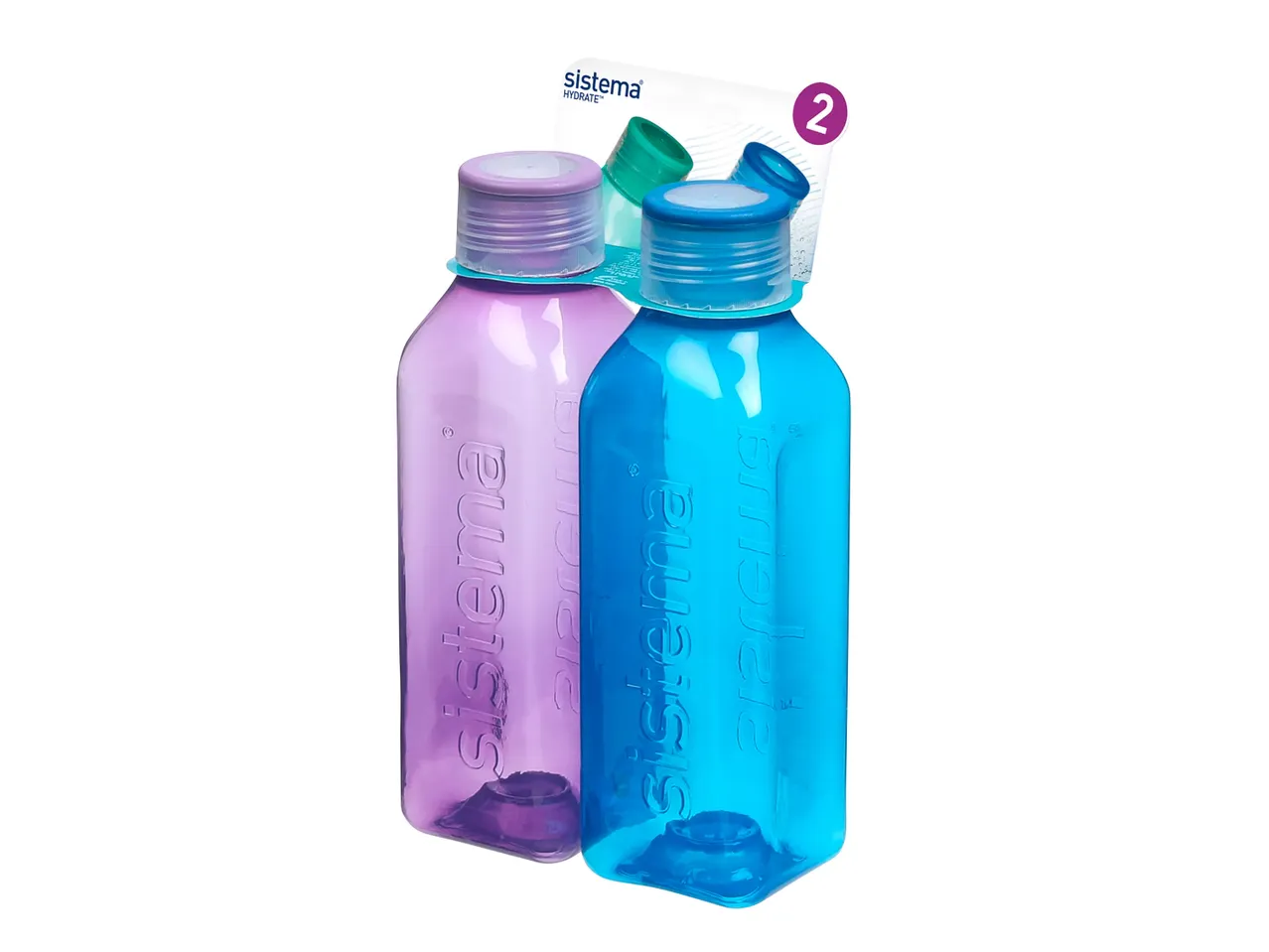 Due borracce trasparenti, una viola e una blu, con cannuccia.