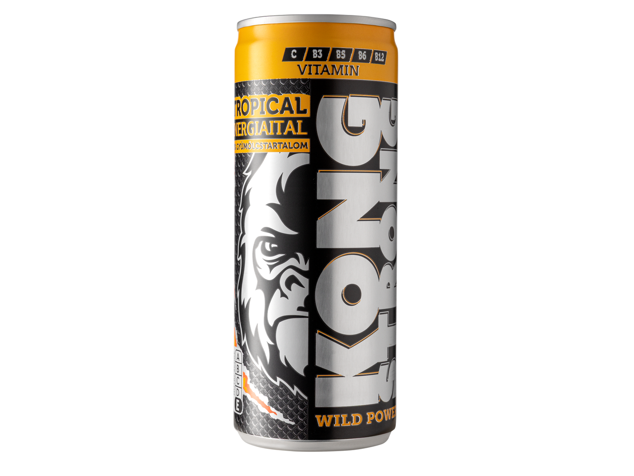 KONG STRONG Tropical Energiaital, fekete-narancssárga dobozban, gorilla fejjel és vitaminokkal.