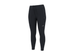Dark grey women's athletic leggings with a drawstring waist, side pocket, and reflective logo.